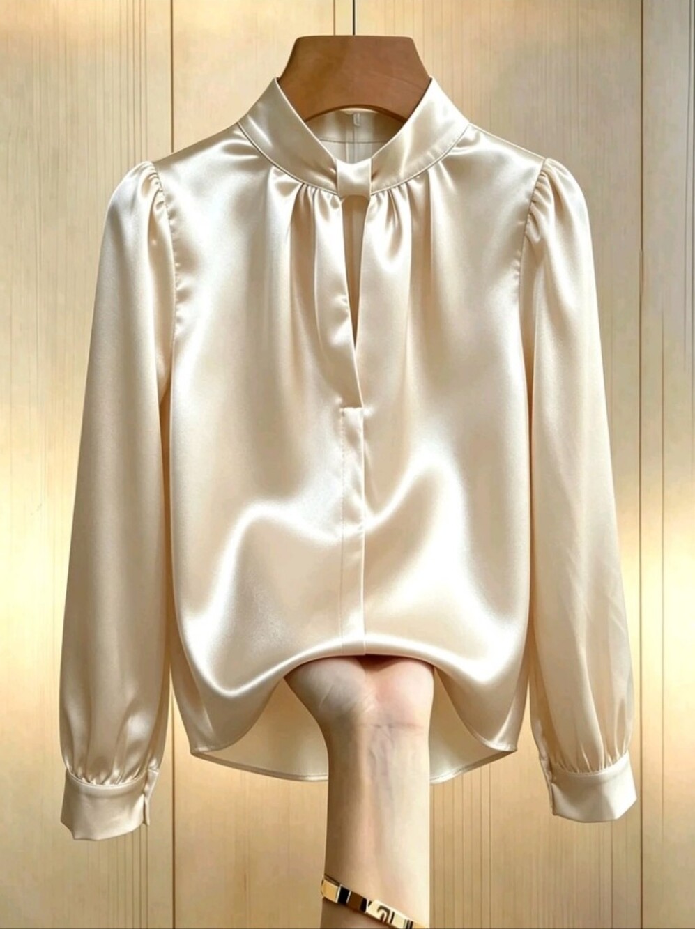 Women's Blouse Slim Fit Satin Pleated Stand Collar Cut-Out Opening Cuffed Long